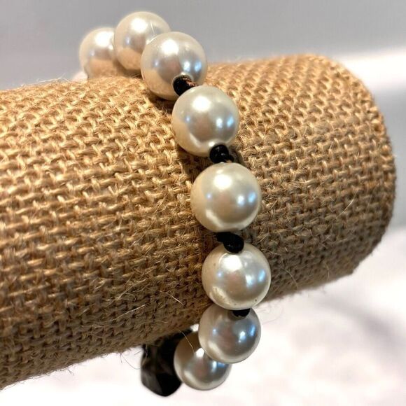 Handmade Faux Pearl Knotted Cord with Faceted Crystal  Beaded Bracelet White & B - Picture 3 of 4